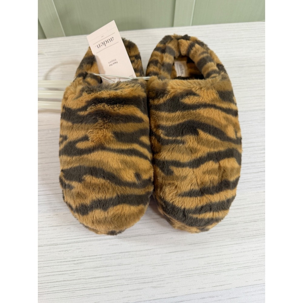 Auden Women Tiger Print Faux Fur Slippers Brown Animal Print House Shoes L 9-10 - Picture 3 of 4